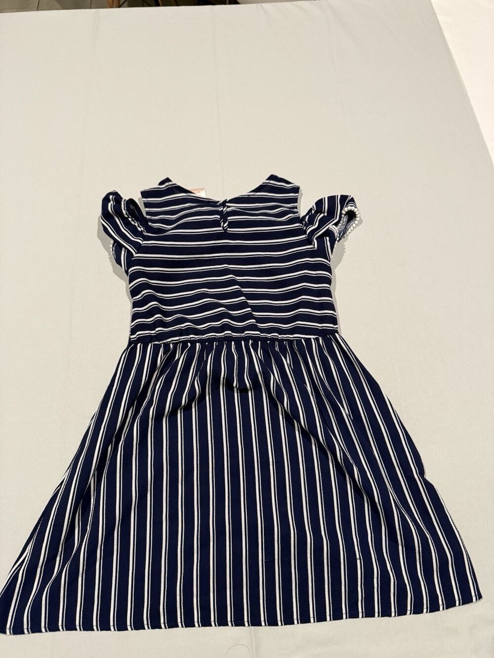 Wonder Nation Girls M (7-8) Blue White Striped Fit & Flare Ruffle Sleeve Dress